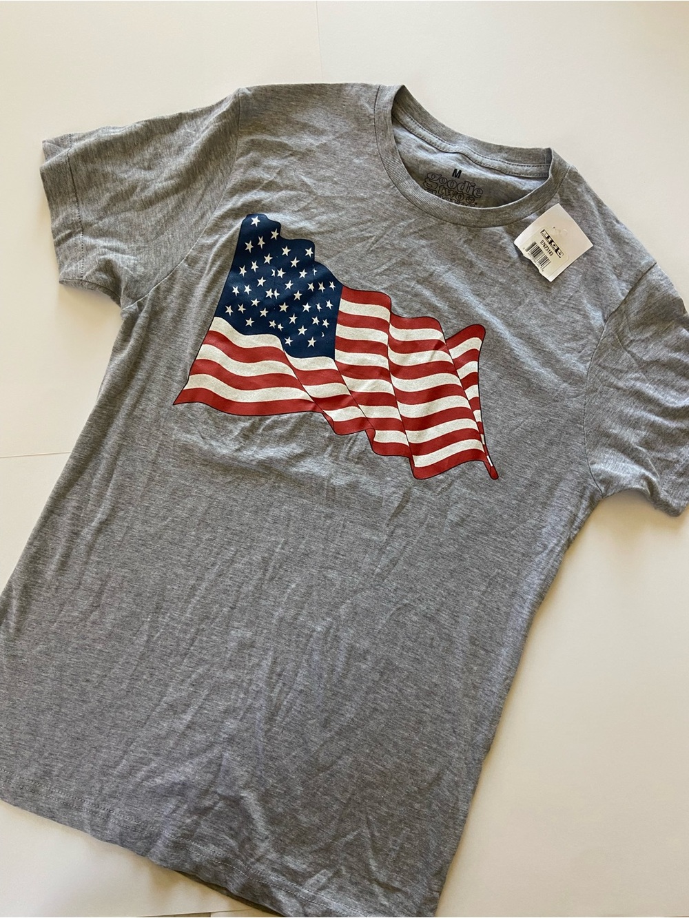 Goodie Two Sleeves American Flag Heather Gray Crewneck Tee - M